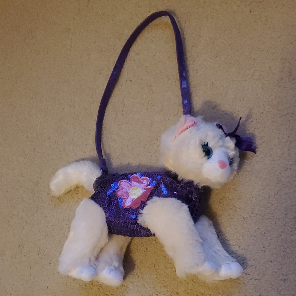 POOCHIE & CO White Plush Cat Purse with Purple Sequins Pink Yellow Flower